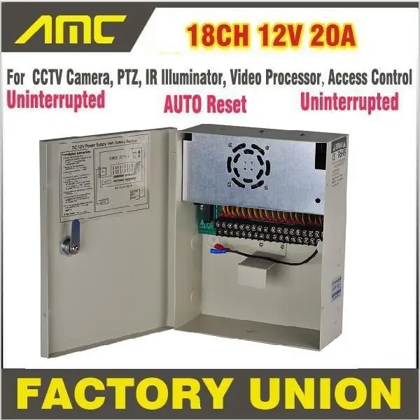 

High Quality CE FCC RoHS Uninterrupted 18 Channel 12V 20A PTZ IR Illuminator AccessControl for 18CH DVR CCTV Camera Power Supply