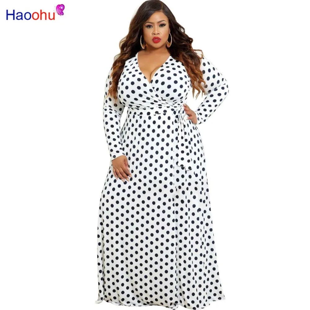

HAOOHU Plus size Long Dress Dot Print Boho Beach Dress Tunic Maxi Dress Women Evening Party Dress Sundress Vestidos de festa 5XL