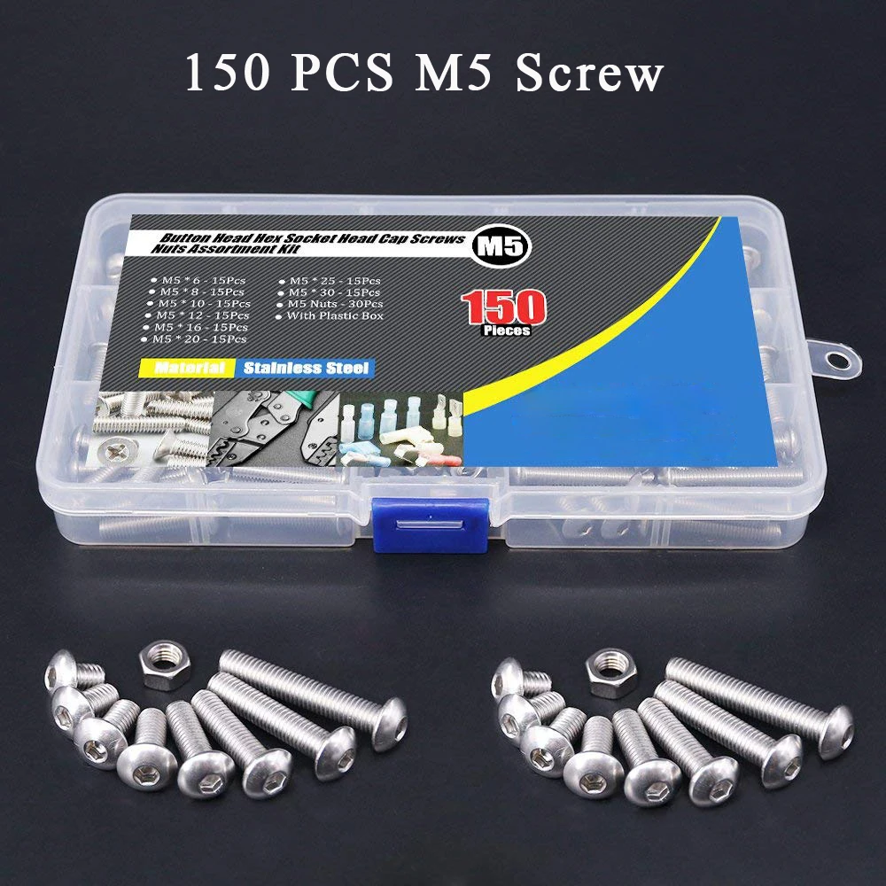 

150Pcs M5 Stainless Steel Button Head Hex Socket Head Cap Bolts Screws Nuts Assortment Kit