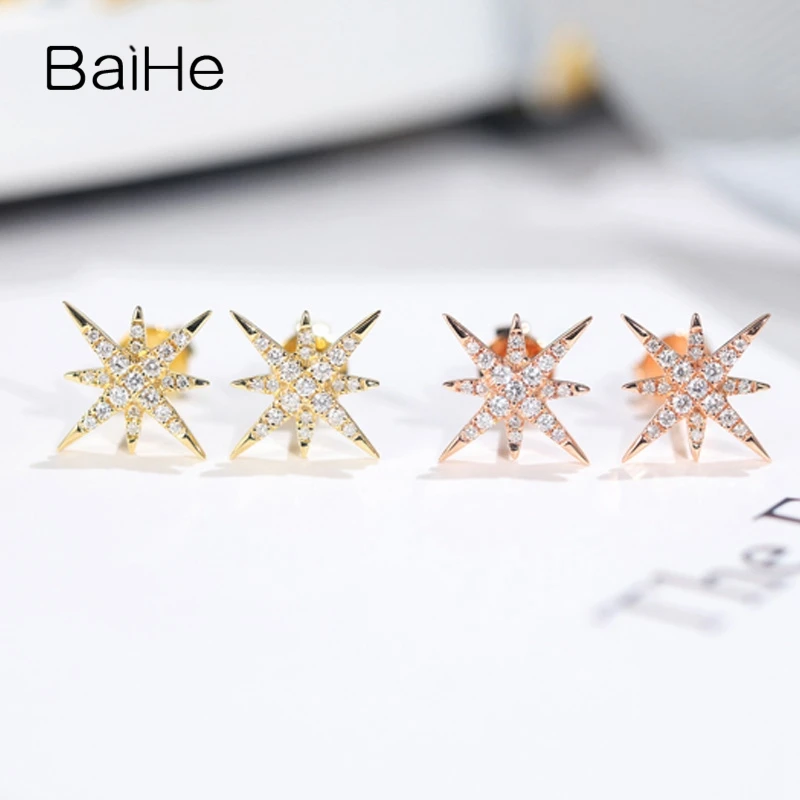 BAIHE Solid 14K розового/белого/желтое золото 0.14ct натуральный со стразами Модные