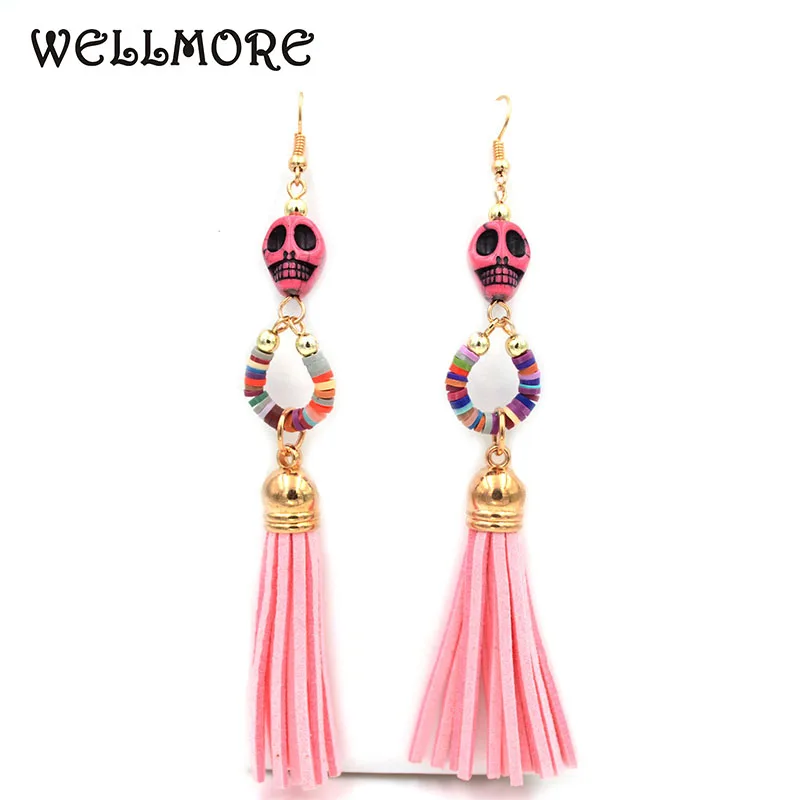 Длинные серьги кисточки WELLMORE 3 цвета синие/розовые/бежевые модные с черепом для