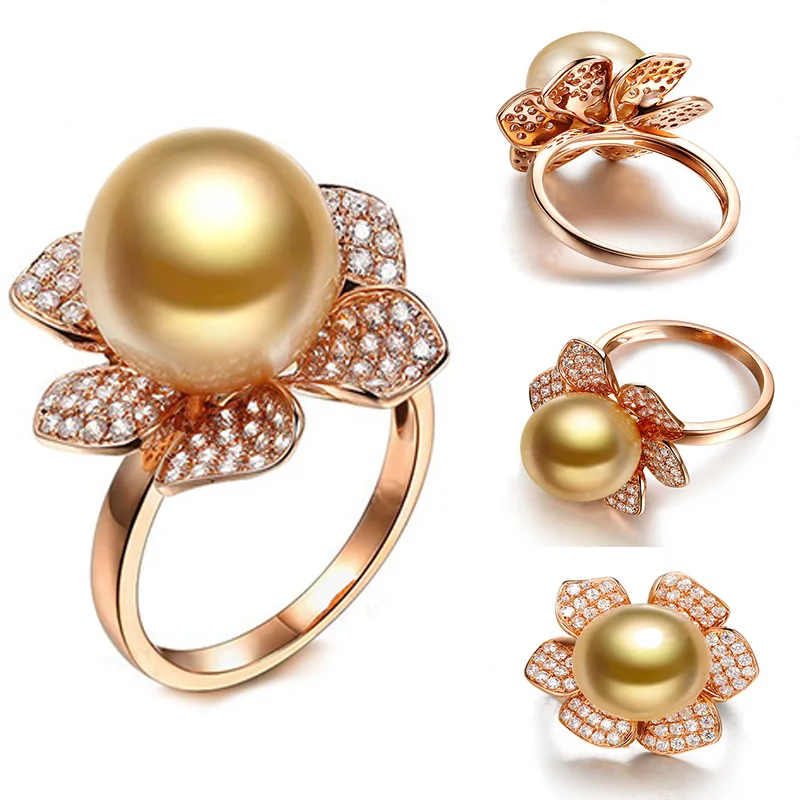 Женское кольцо с имитацией под жемчуг золотого светильник фианитом|Кольца для