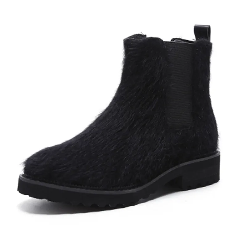 Осень-зима круглый носок Мех животных Дизайн слипоны Однотонные женские сапоги
