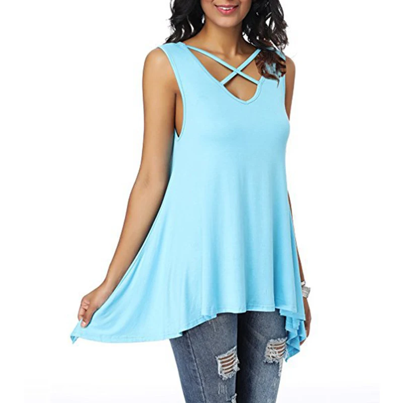 Sky Blue Rogi, Женские повседневные топы, летние однотонные топы без рукавов, сексуальные топы с перекрестным v-образным вырезом, открытая футболка, топ, туника, свободная футболка, топы, 3XL - Цвет: Sky Blue