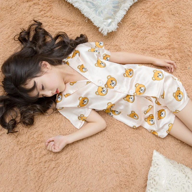 Girls thin bear pajamas baby suit summer children's short-sleeved girls home service cotton two-piece set | Детская одежда и