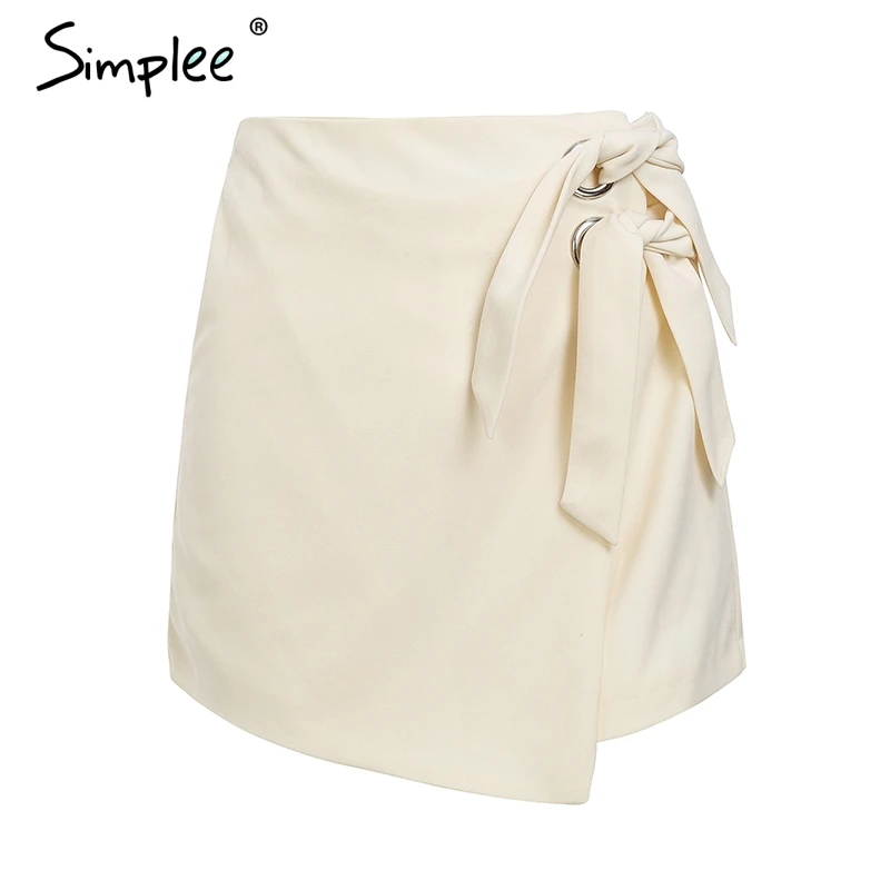 Beige Женские шорты Simplee с высокой талией, белые, обтягивающие шорты с поясом для осени/зимы, сексуальные асимметричные шорты с завязкой в виде банта - Color: Beige
