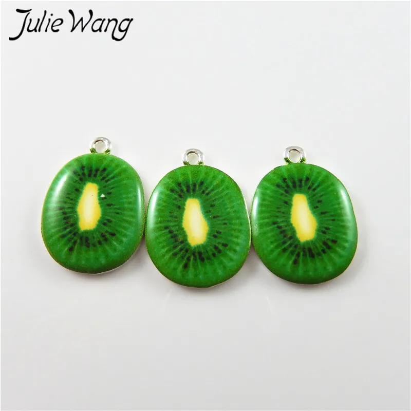Julie Wang 10pcs Green Apple Kiwi Orange Strawberry Cute Fruit Shape Enamel Alloy Little Charms Women Jewelry Findings Hot Sale