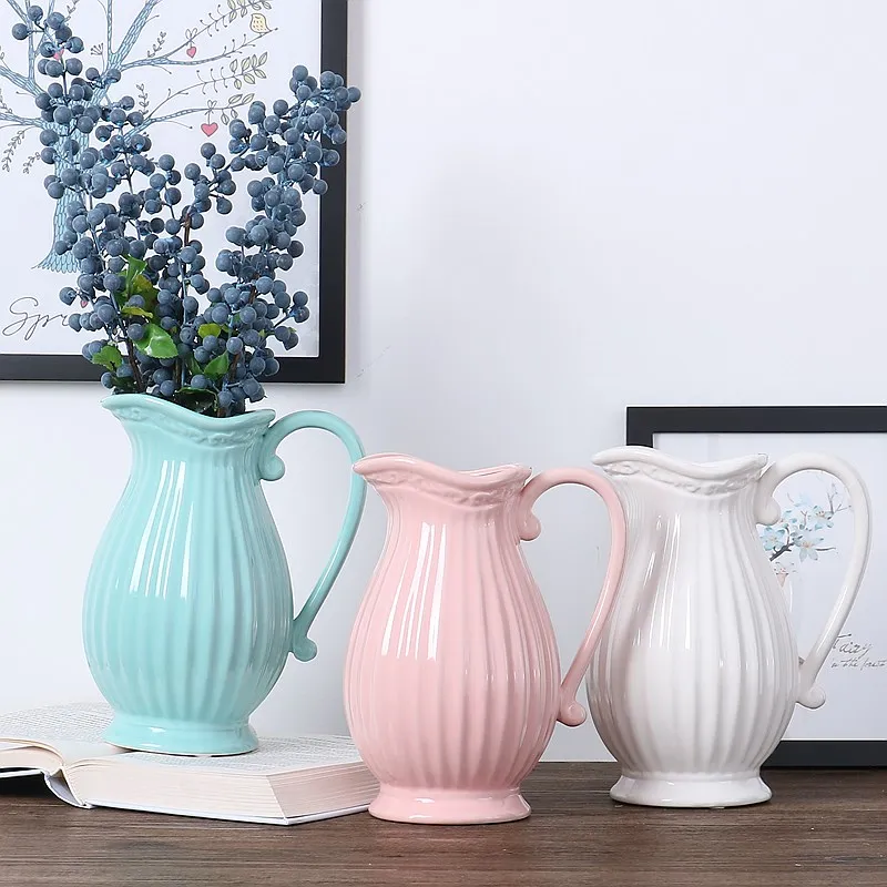 

Ceramic Pitcher Flower Vase Pure Color Gray Pink Blue White Flower Arrangement Kettle Pot Stylist Farmhouse Style Pot Bottle