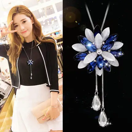 opal snowflake Винтажный геометрический хрустальный кулон, ожерелье, элегантные цепочки для свитера с цветами и кисточками, OL длинное ожерелье, ювелирные изделия, женские аксессуары - Окраска металла: opal snowflake