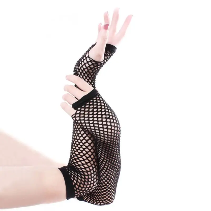 

Women Punk Gothic Solid Color Fishnet Half Hand Fingerless Long Golves With Thumb Hole Wrist Length Hollow Out Mittens Disco Par