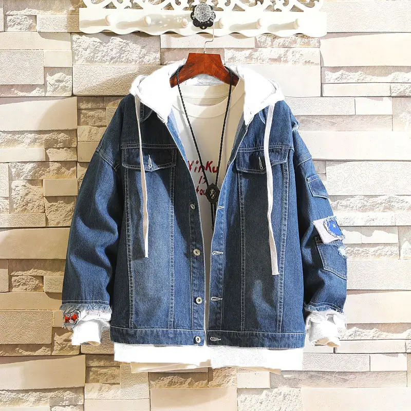 Весенняя джинсовая куртка с капюшоном Для мужчин поддельные Двойка Streetwear Японии