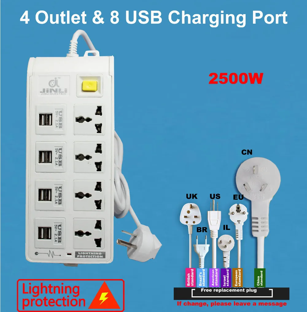 Удлинитель питания с европейской розеткой 8 USB(5 В/мА) 3 метрами/10 футов|usb 8|usb usbusb