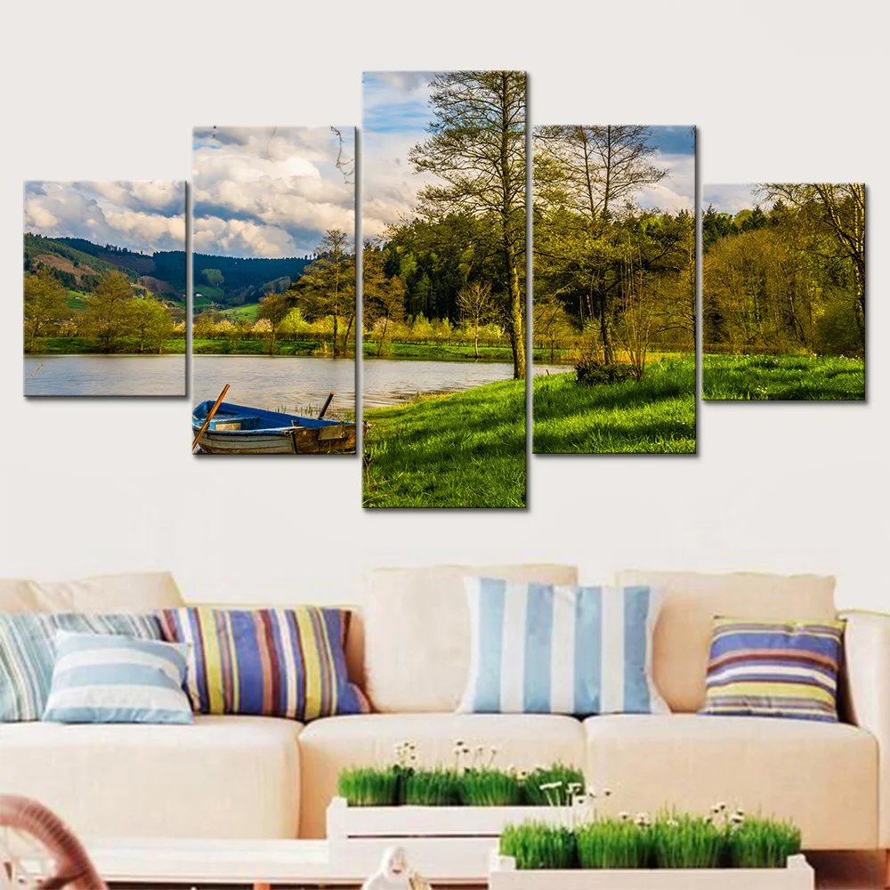 Модульный холщовый постер Hd с рисунком искусство зеленый ландшафт озеро корабль