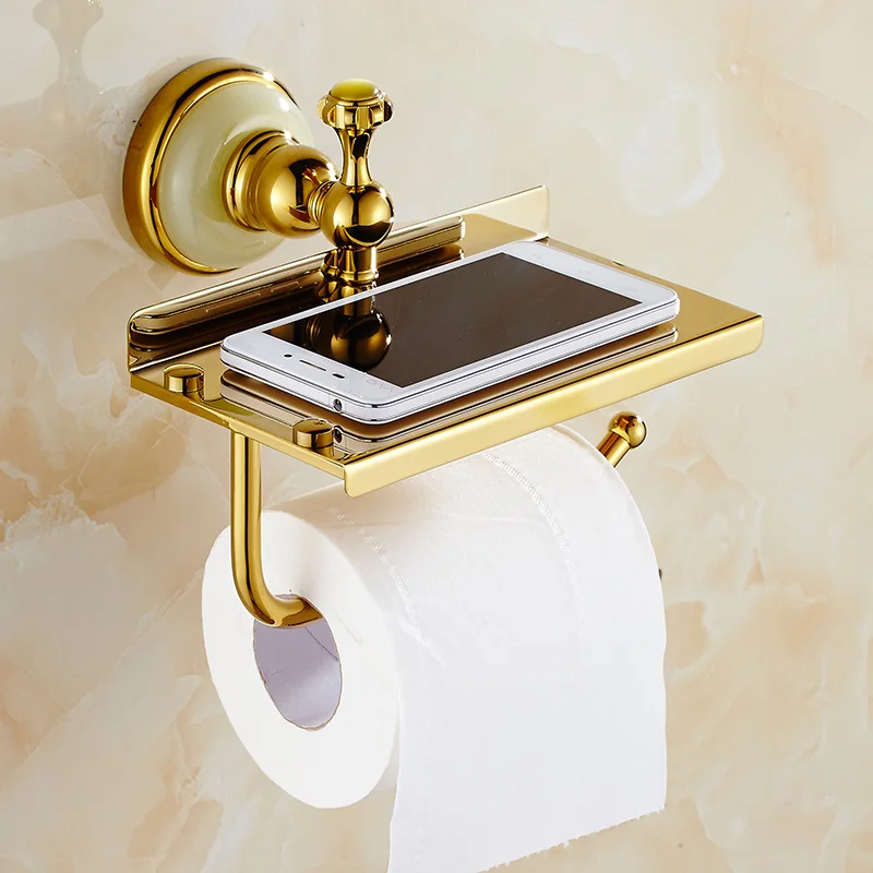 Оптом и в розницу Золотая Нефритовая Туалетная рулонная бумага стойка с телефон полка настенный держатель