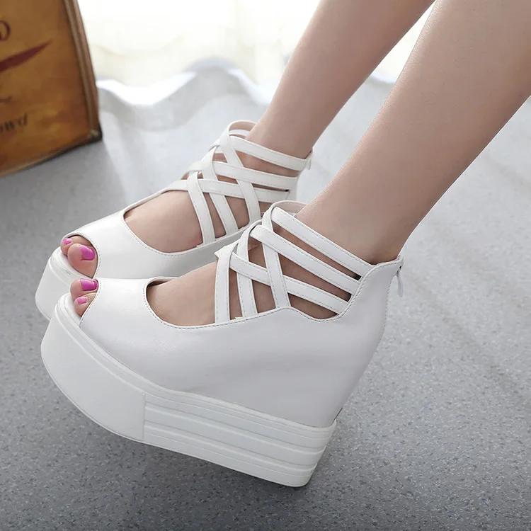 2015 new Basic Wedges Pu Rubber Peep Toe Cut-outs Buckle Strap Spring/autumn Fashion Soft Leather High Heels Women | Обувь