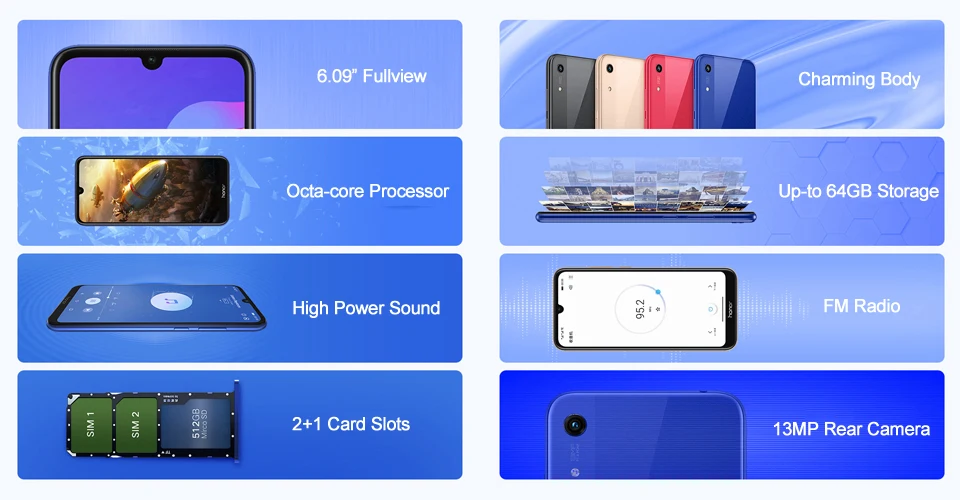 Сотовый телефон Honor 8A 4G 6 09 дюйма MTK6765 Android 9 0 камера 8 Мп + 13 МП 3020 мАч разблокировка