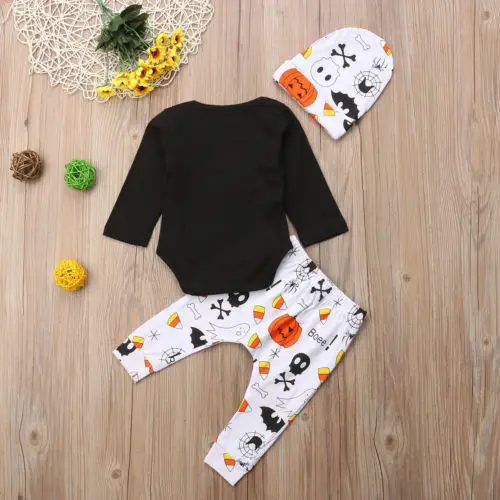 Adorable 3Pcs Halloween Clothing Baby Boys Girls Long Sleeve Letter Print Romper Tops+Long White Ghost Pants+Hats Infant Outfit | Детская