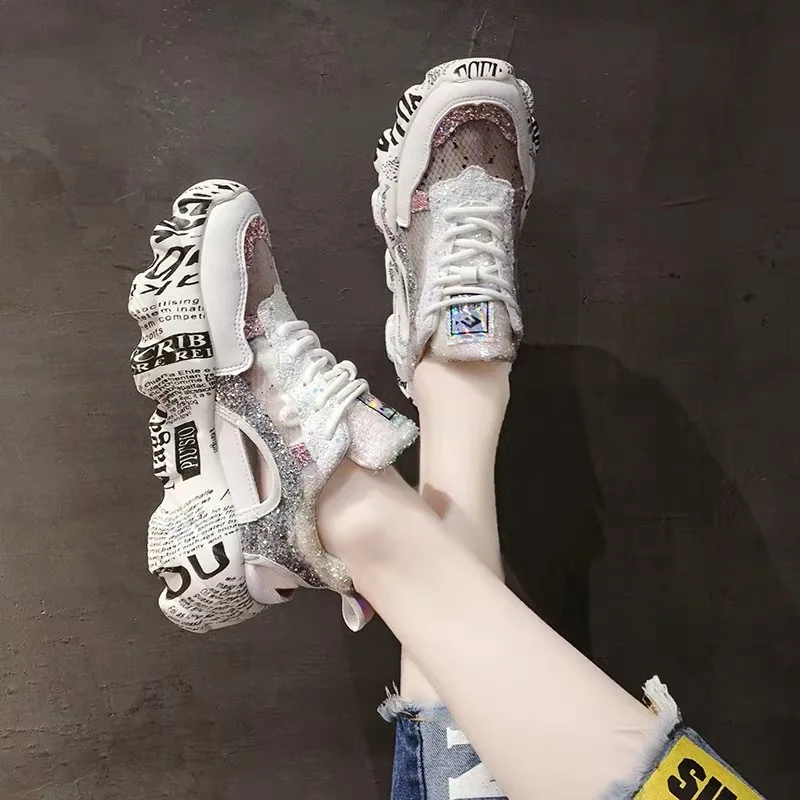 Женская обувь летняя повседневная в Корейском стиле из дышащей сетки с блестками