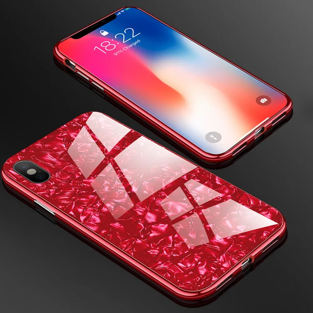 Магнитный мраморный чехол для телефона iPhone XR XS MAX X 8 Plus 7 противоударный Закаленное стекло бампер для iPhone 7 8 6 6S Plus чехол - Цвет: Red