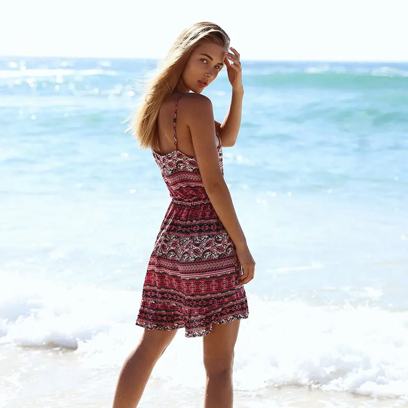 Boho Летнее мини платье комбинация с цветочным принтом на бретельках бретельками