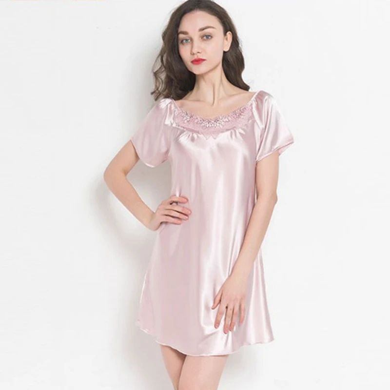 Дамы шелковая ночная рубашка для девочек пикантные шелковые Sleepdress короткий рукав сексуальное ночное белье сексуальное пижамы Мягкая Homedress ночная рубашка B-5311