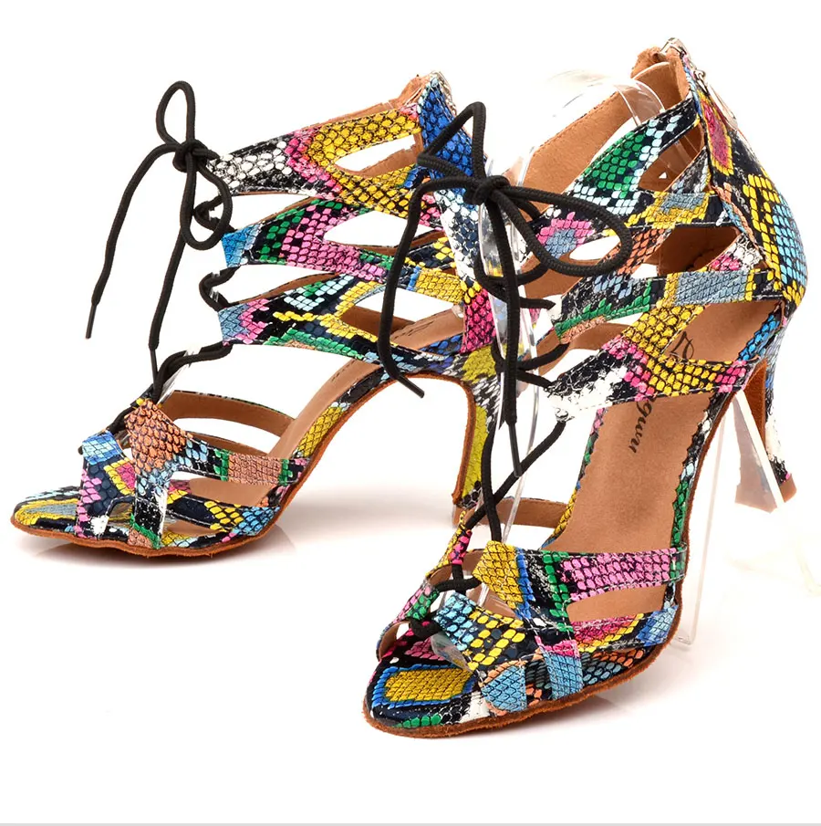 Ladingwu Dance Shoes Women's Latin Shoes Dance Boots Trend Snake texture Salsa Dance Shoes Wide and narrow adjustment Shoelace