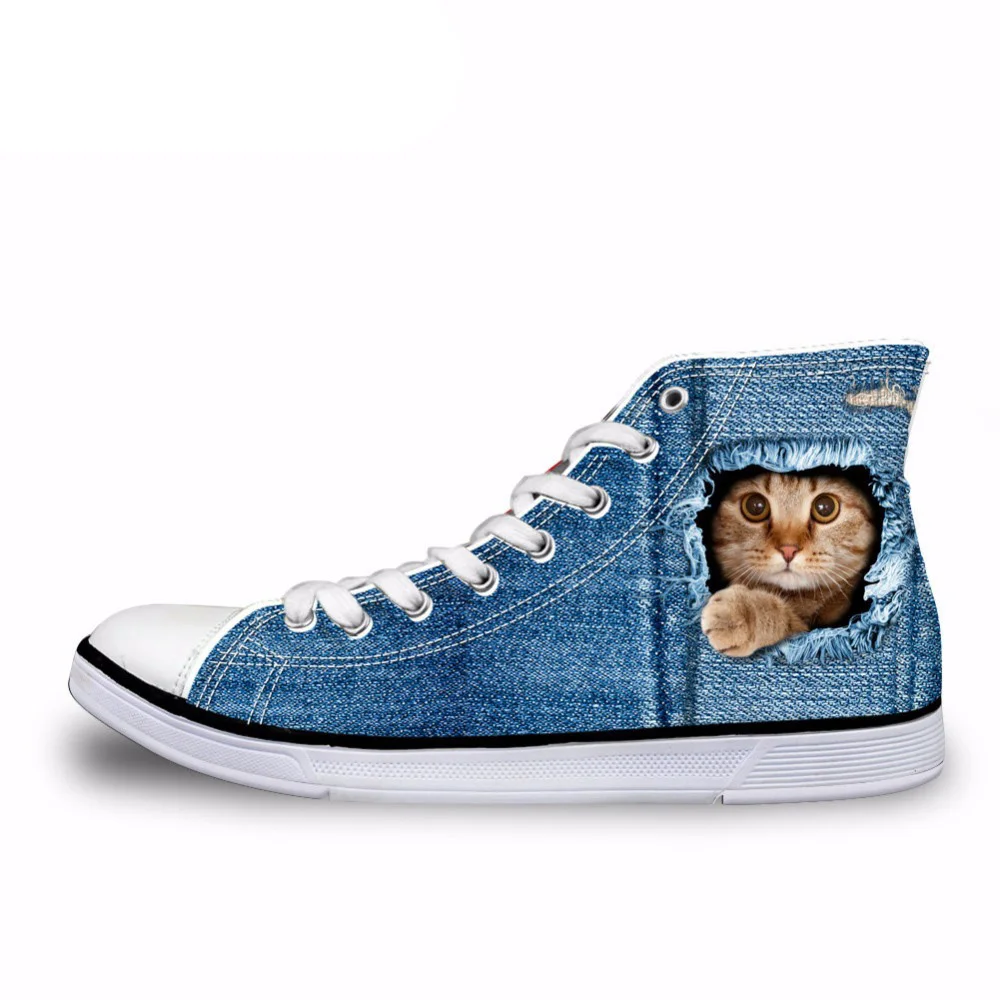 

Лидер продаж, Женская Вулканизированная обувь с высоким верхом, Симпатичные 3D Животные, кошка, джинсовый принт, классические женские паруси...