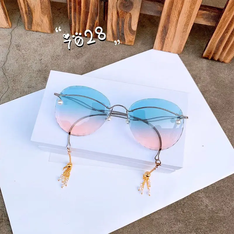 blue pink Овальные женские солнцезащитные очки без оправы, новинка, стильные дизайнерские солнцезащитные очки с перламутровым носом, женские прозрачные градиентные большие тени, очки - Цвет линз: blue pink