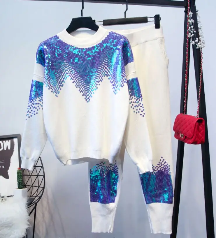 Oshangchaopin Для женщин вышивка пайетками свободные трикотажный пуловер свитер Топы+ брюки-клеш спортивный костюм вязать 2 частей Костюмы комплекты - Цвет: Белый