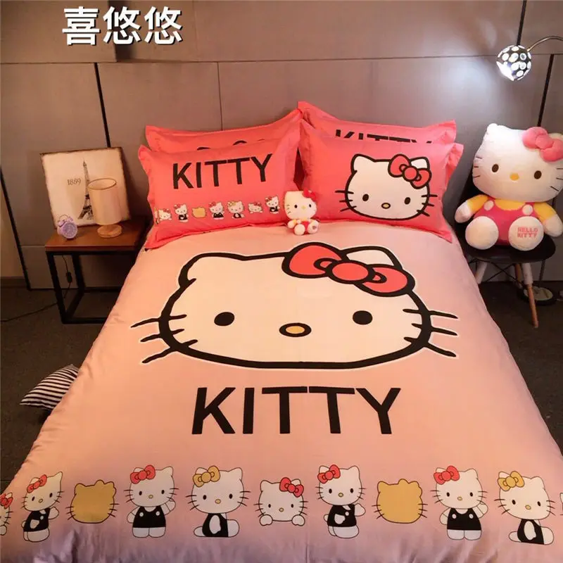 as picture shows Мультфильм hello kitty Постельное белье Твин/queen 3 шт./4 шт. Постельное белье с pilloccase+ простыней+ пододеяльник для детской комнаты кровать - Цвет: as picture shows