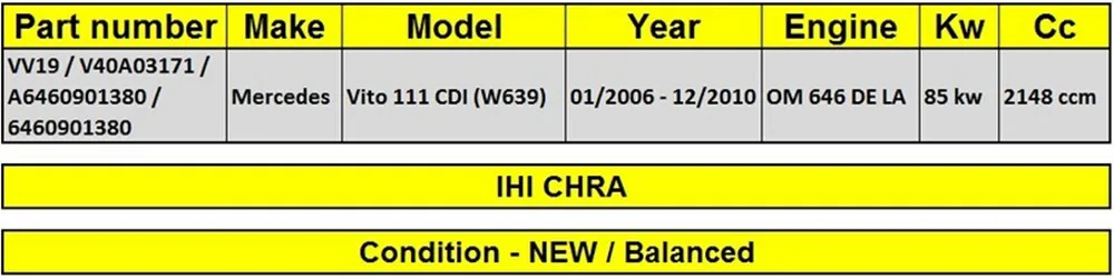 Турбокартридж для Mercedes Vito 111 CDI W639 85 кВт 116HP OM646DELA 2006-2010 Турбокомпрессор VV19 V40A03171