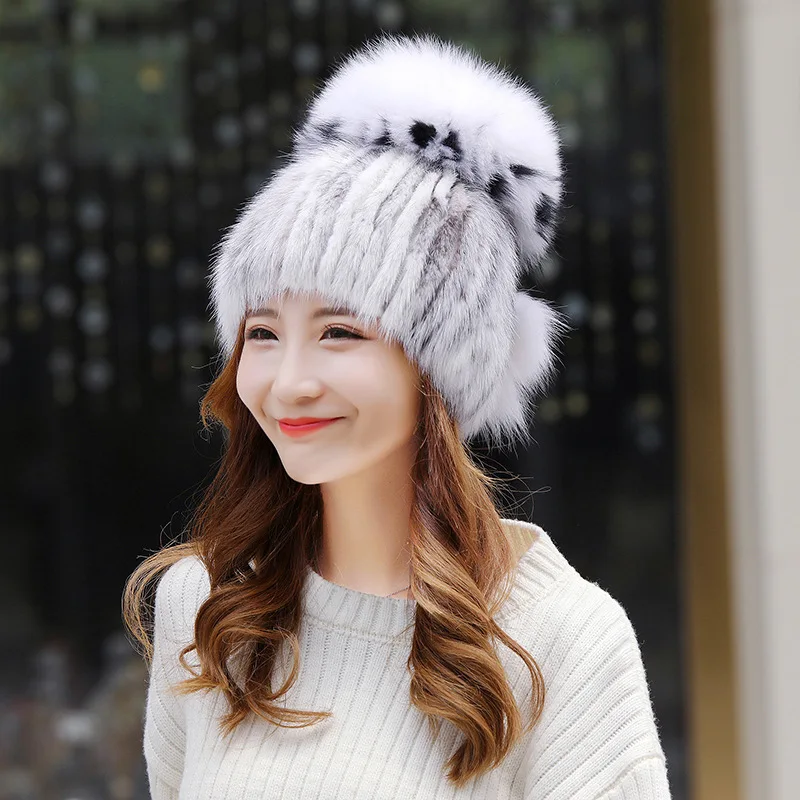 485 Europe and America New Fashion Female Winter fox Fur Caps Mink Fur knitted Hat Women Skullies & Beanies