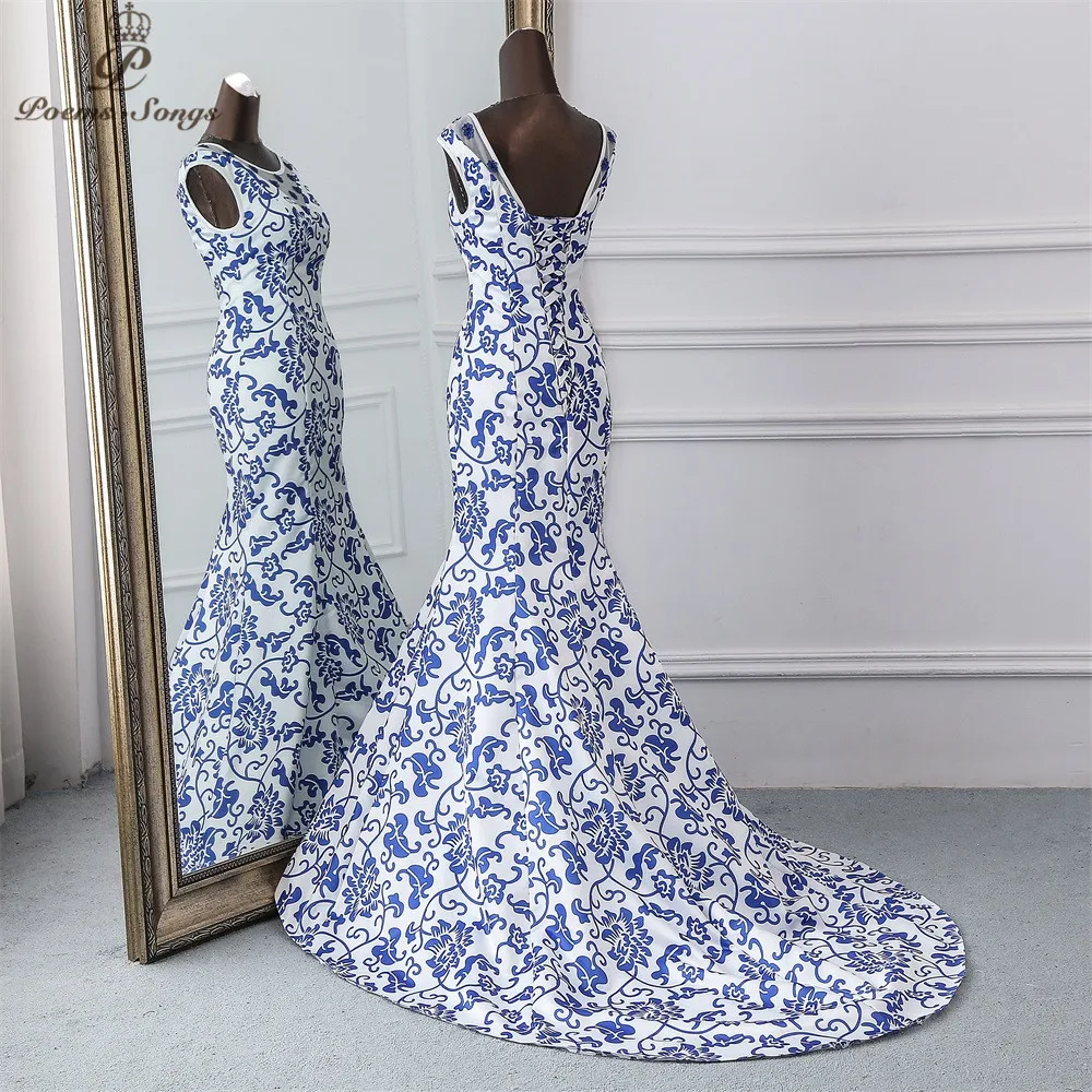 Poems Songs China evening dress blue flower elegant party dress mermaid dress evening gown robe longue soiree