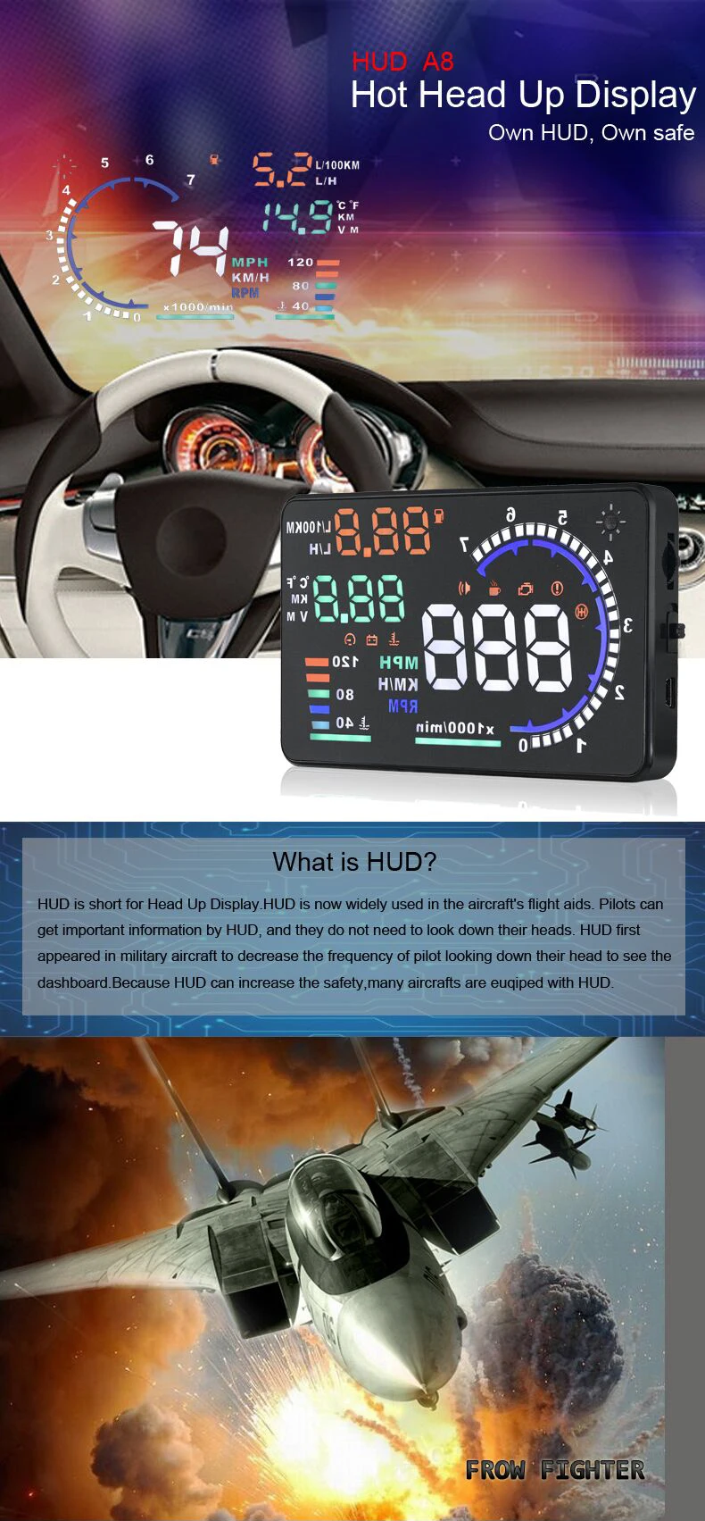Мульти Цвет дизайн 5," A8 автомобиля HUD Дисплей лобовое стекло проектор ускорения Предупреждение топлива OBD II и EOBD(система бортовой диагностики, спидометров