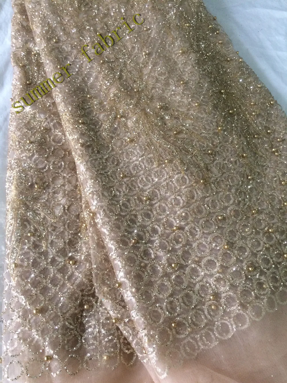 Роскошная Тюлевая французская кружевная ткань с жемчугом и бусинами Золотая