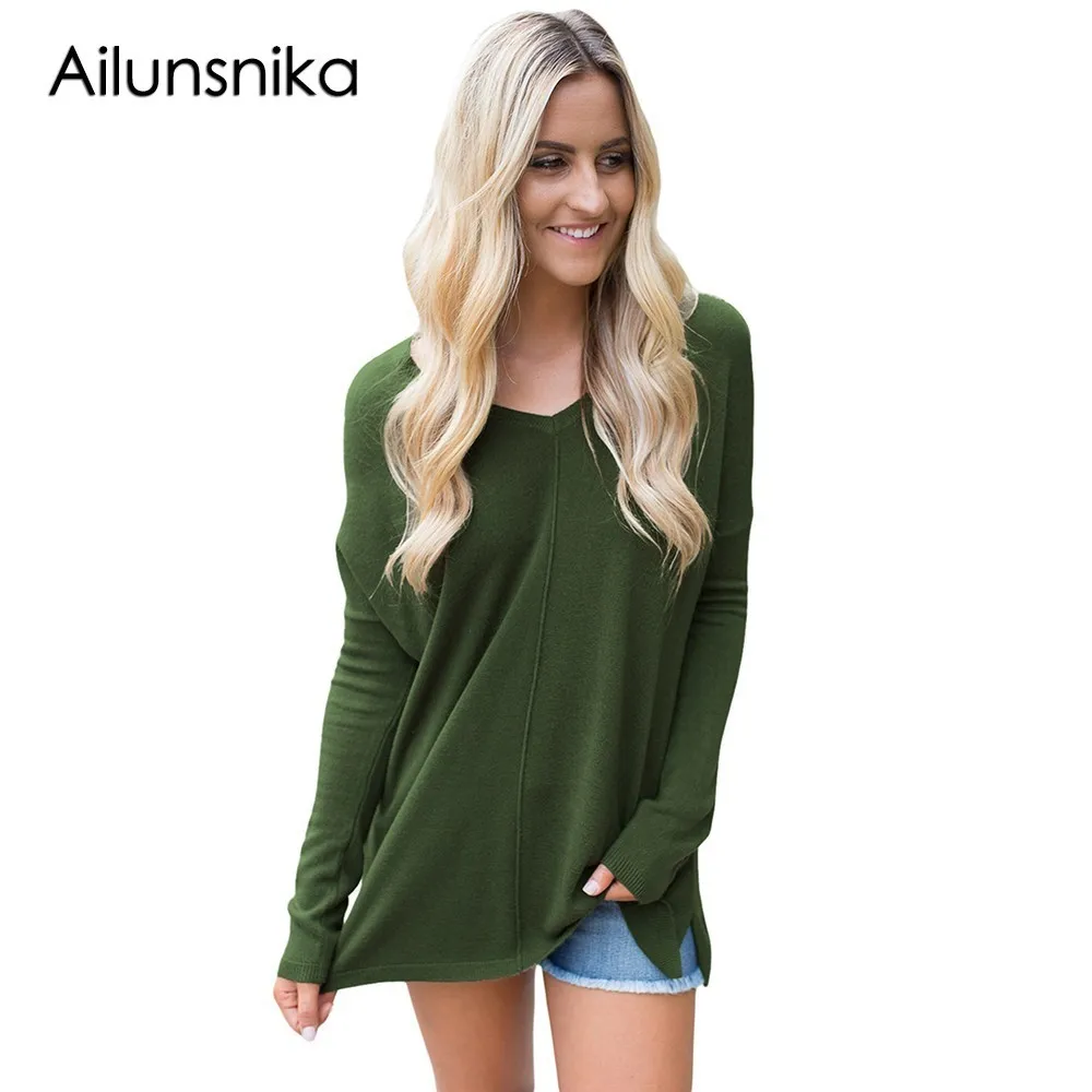 Ailunsnika V Neck Cashmere Sweater Long Sleeve Oversized Knitwear Women knitted sweater Winter Pullover jersey mujer invierno | Женская