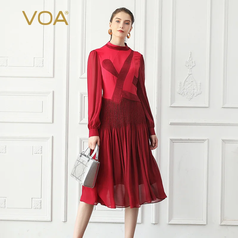 VOA Heavy Silk Red Pleated Retro Dresses Women Midi Party Dress Autumn Long Sleeve Vintage Large Size Elegant Slim A10015 | Женская