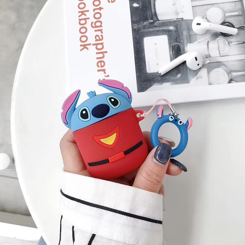 3D Cute Cartoon Silicone Stitch Mickey Minnie Bluetooth Earphone Case for Airpods 2 Accessories Protective Cover Anti-lost Strap - Color: Stitch