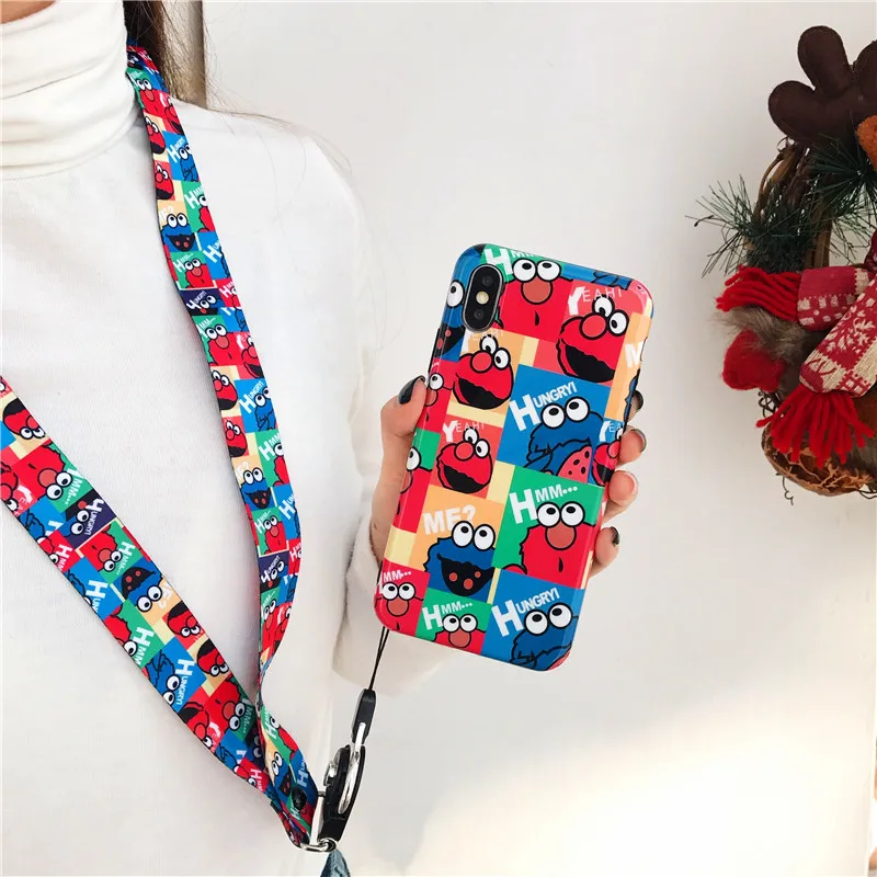 Cute Cartoon Sesame Street Cookie Elmo Phone Case For iPhone X XS Max XR 6 Puls 7 8Puls Cases Soft IMD Silicon Back Cover+rope |