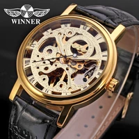 fashion winner top brand transparent luxury gold case casual design brown leather strap men student watch mechanical skeleton