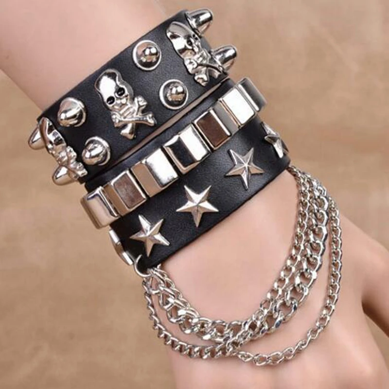 Европа США модный многослойный браслет ширина кожи индивидуальность скелет
