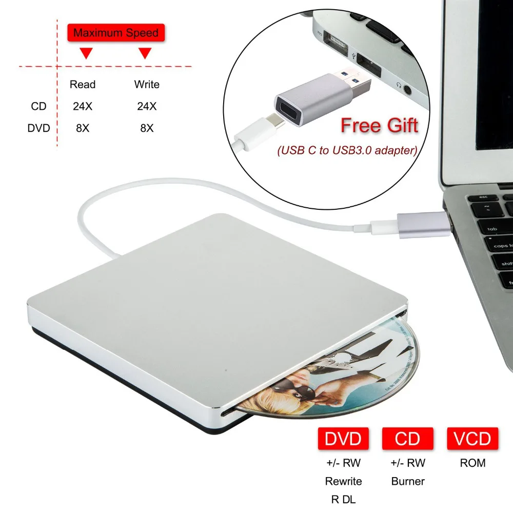 USB3.0 Внешний DVD CD диск USB C Superdrive DVD/CD +/-RW горелки Писатель Для MacBook Pro Air/ноутбука/Windows10