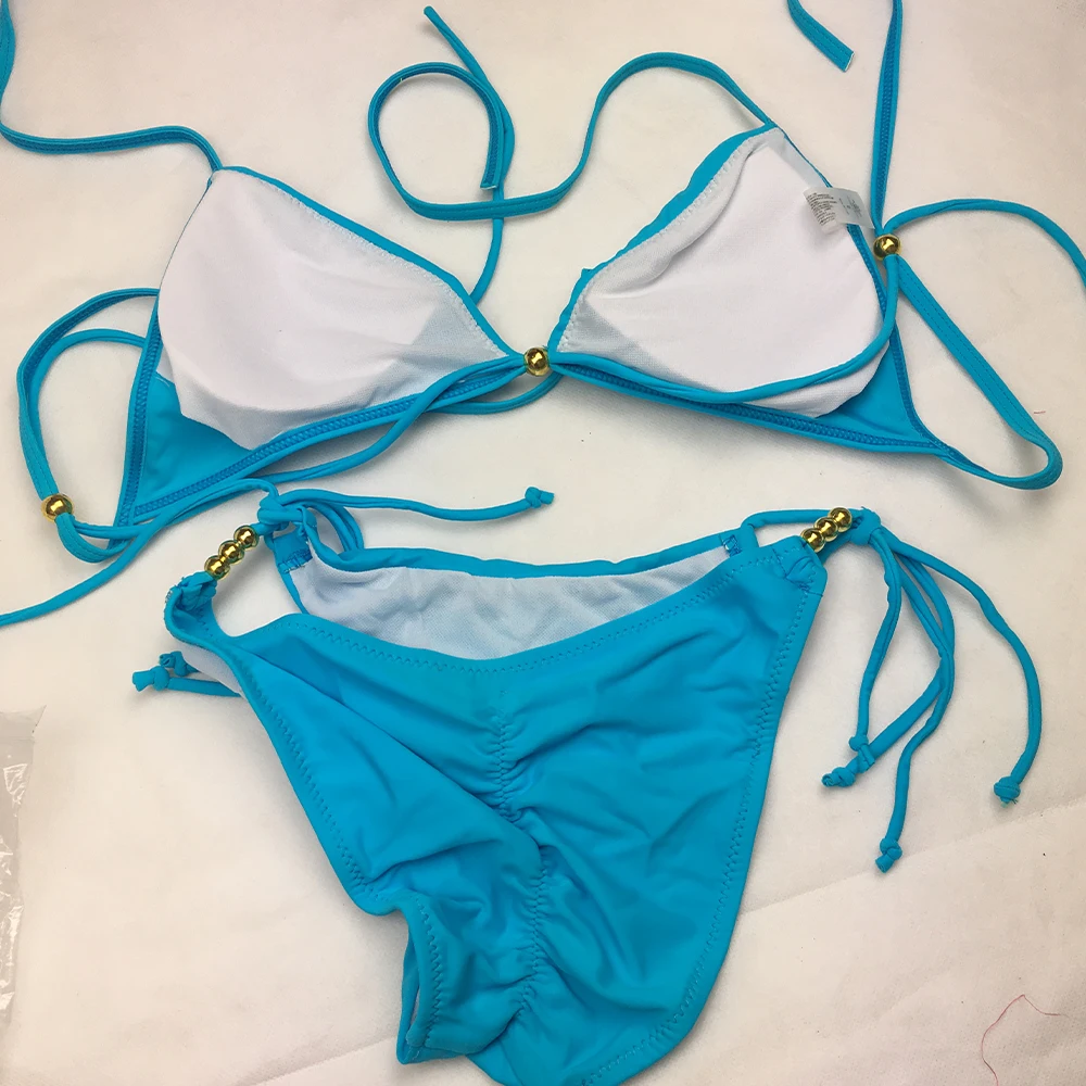 Women's Sexy Blue Solid micro Halter Cross bathing suit Beachwear Bikinis Sets Biquini Swimsuits Suits Tankini swimwear | Женская