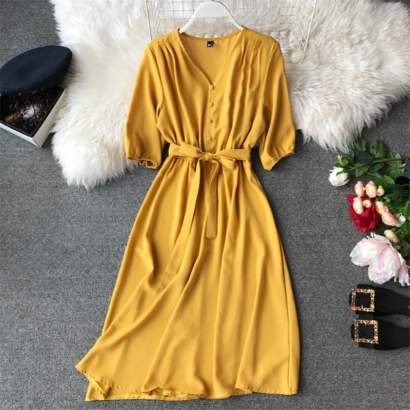 

2019 Summer New Vintage V Neck Women Dress Elegant Single Breasted Vacation Casual Dress Korean Ladies Office Chiffon Vestidos