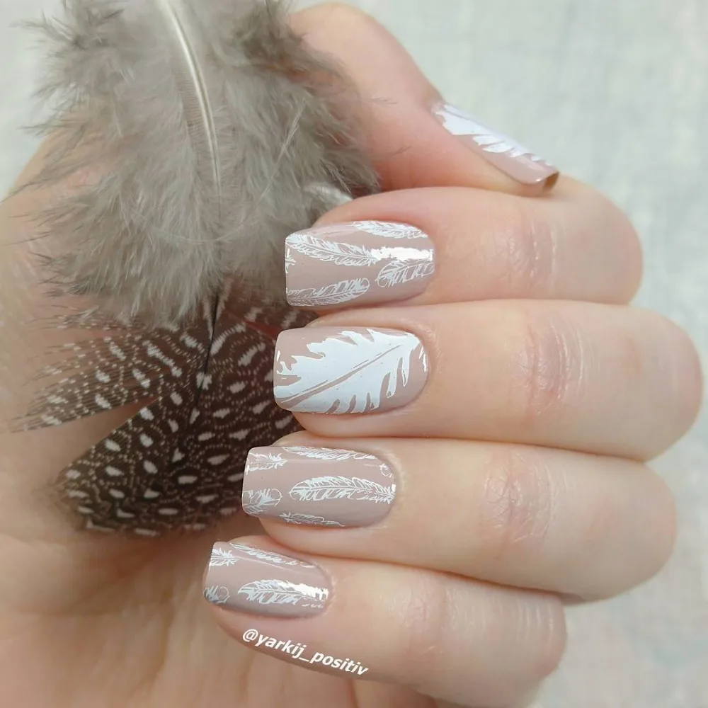 KADS Новая Мода Полный Красоты Перо Дизайн Печати Трафарет Искусства Ногтя