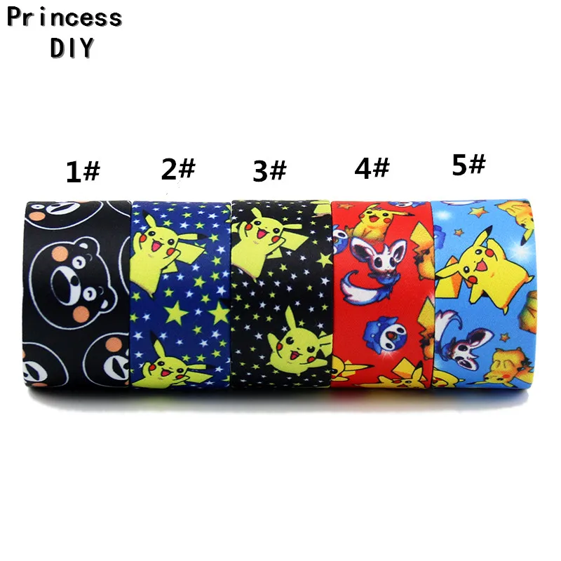 5M/Lot 10 25 50mm Kawaii Cartoon Pikachu Ribbon Pikachu Printed Cotton Ribbon DIY Hair Bow tie Brooch Collar Layering Tape Craft