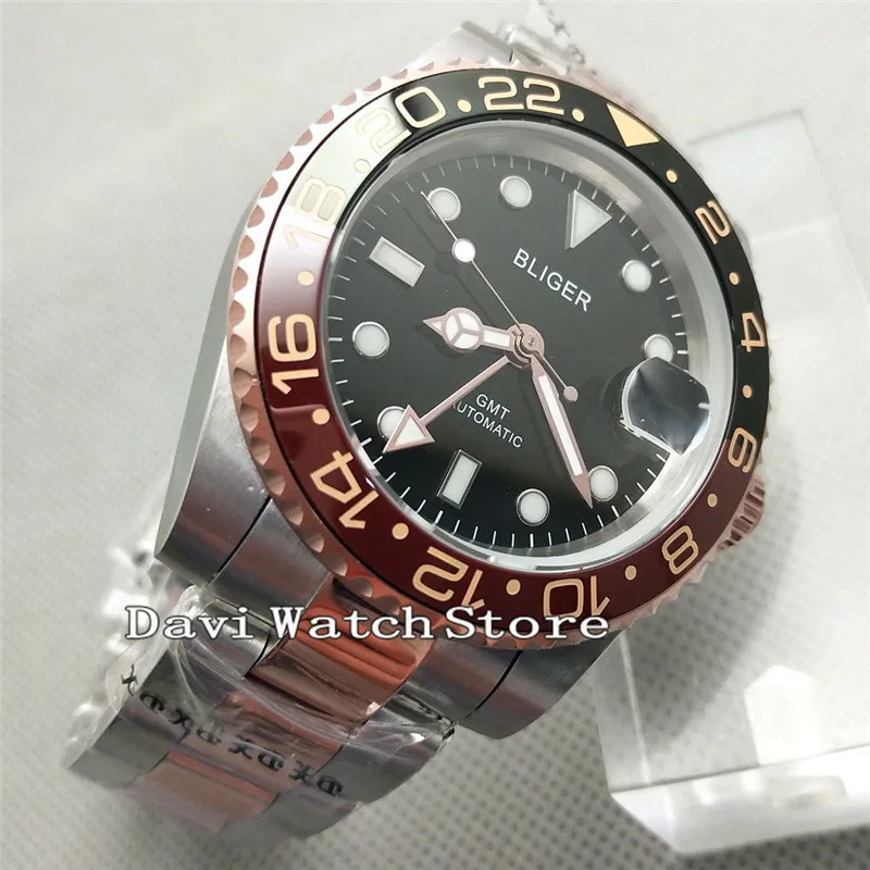 Bliger 40 мм черный циферблат розовое золото GMT сапфировое стекло Автоматические наручные часы 2625