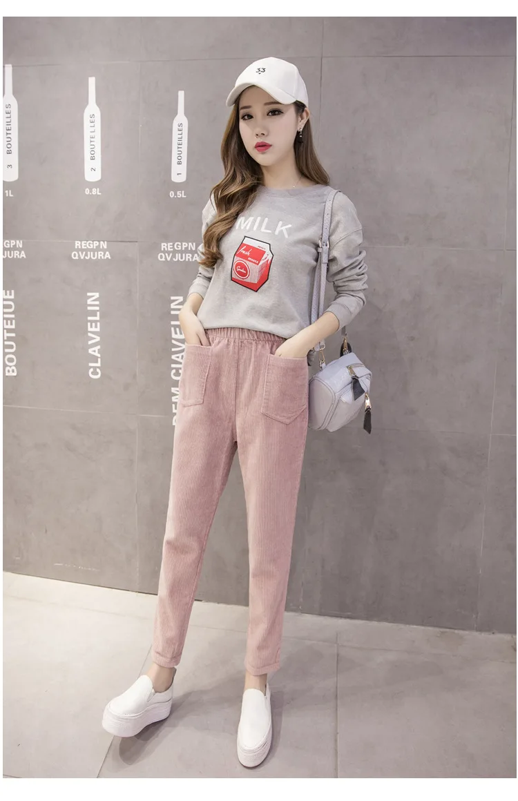 

2018 spring new Women Corduroy Harlan Pants Vintage Autumn Casual Elastic Waist Loose Cotton Pleated Trouser