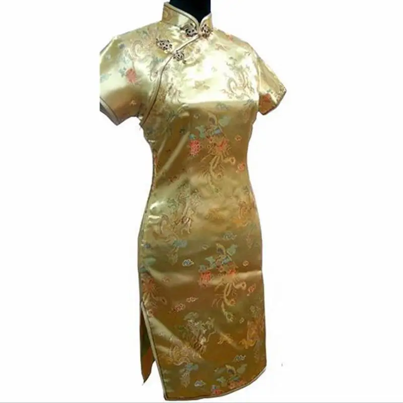 Gold 3 Элегантное тонкое платье размера плюс, Qipao, новинка, китайское женское платье из вискозы, воротник-стойка, винтажное платье Cheongsam Vestidos, S-3XL, 4XL, 5XL, 6XL - Цвет: Gold 3