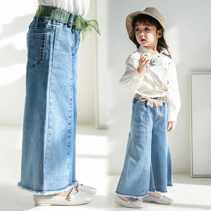 2018 Весенняя Новинка Детская одежда джинсы широкие Штаны труба ремень